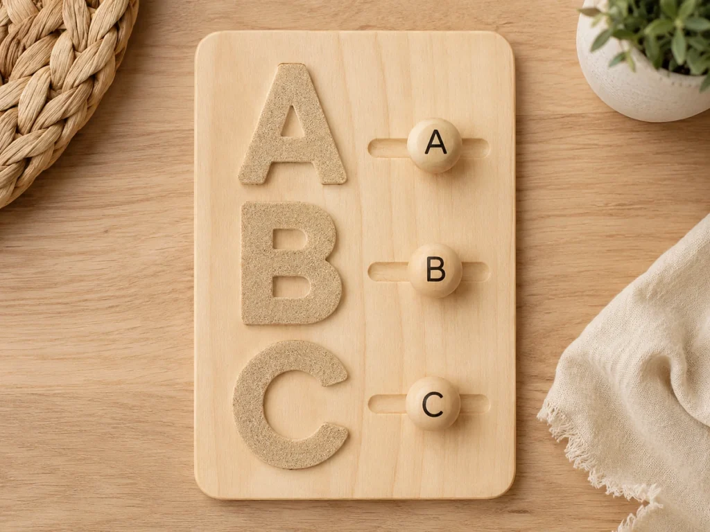 Drei Sandpapierbuchstaben auf Holzbrett, daneben passende Buchstabenperlen-Reihe.