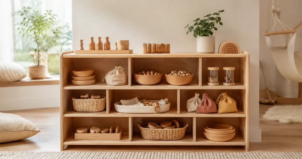 Offenes Holzregal in Kita-Höhe mit klar arrangierten Materialien — Holzperlen, Schüttsets, Tastsäckchen. Helles Tageslicht, ruhige Komposition.