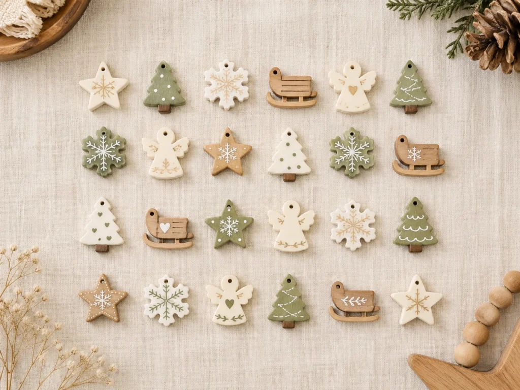 24 weihnachtliche Motivperlen ordentlich auf Leinenstoff angeordnet: Sterne, Schneeflocken, Tannen, Schlitten, Engel.