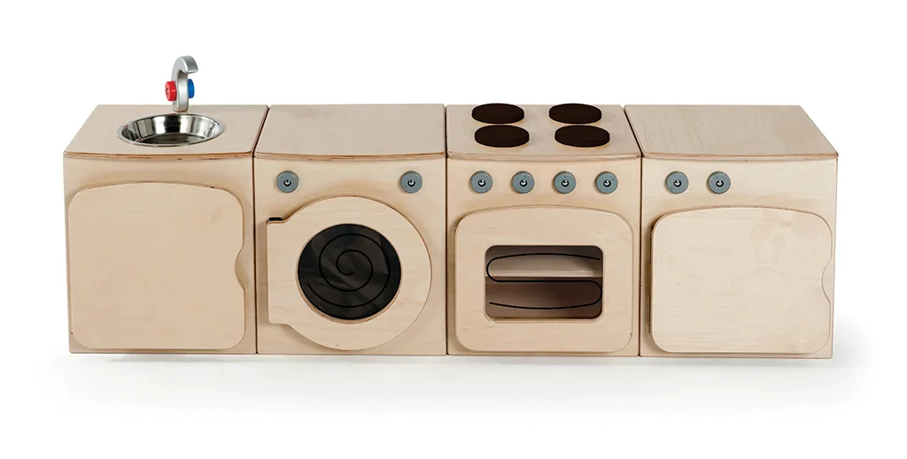 Natürliches Küchenset, 4-teilig – Herd, Kühlschrank, Waschmaschine, Spüle (H400mm) — Millhouse Lernspielzeug Schule