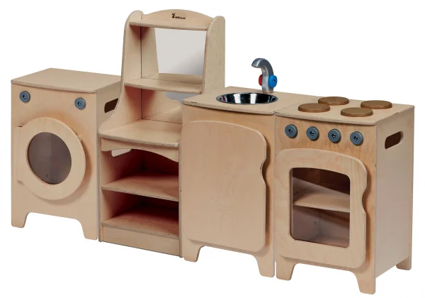 Natürliches Küchenset, 4-teilig – Herd, Spüle, Waschmaschine, Aufbewahrungsschrank (H 550 mm) — Millhouse Lernspielzeug Sc...