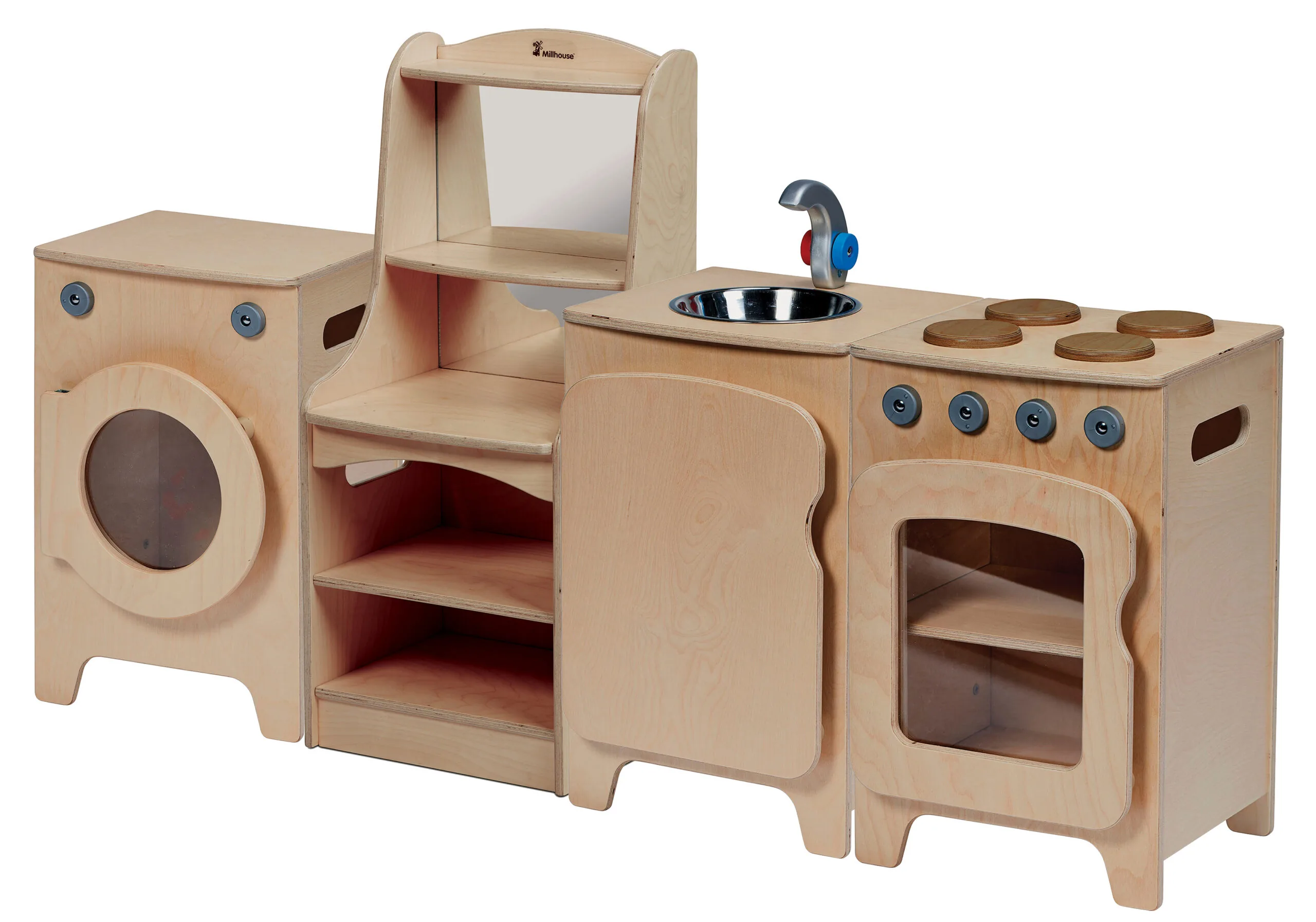 Natürliches Küchenset, 4-teilig – Herd, Spüle, Waschmaschine, Aufbewahrungsschrank (H 550 mm) — Millhouse Lernspielzeug Sc...