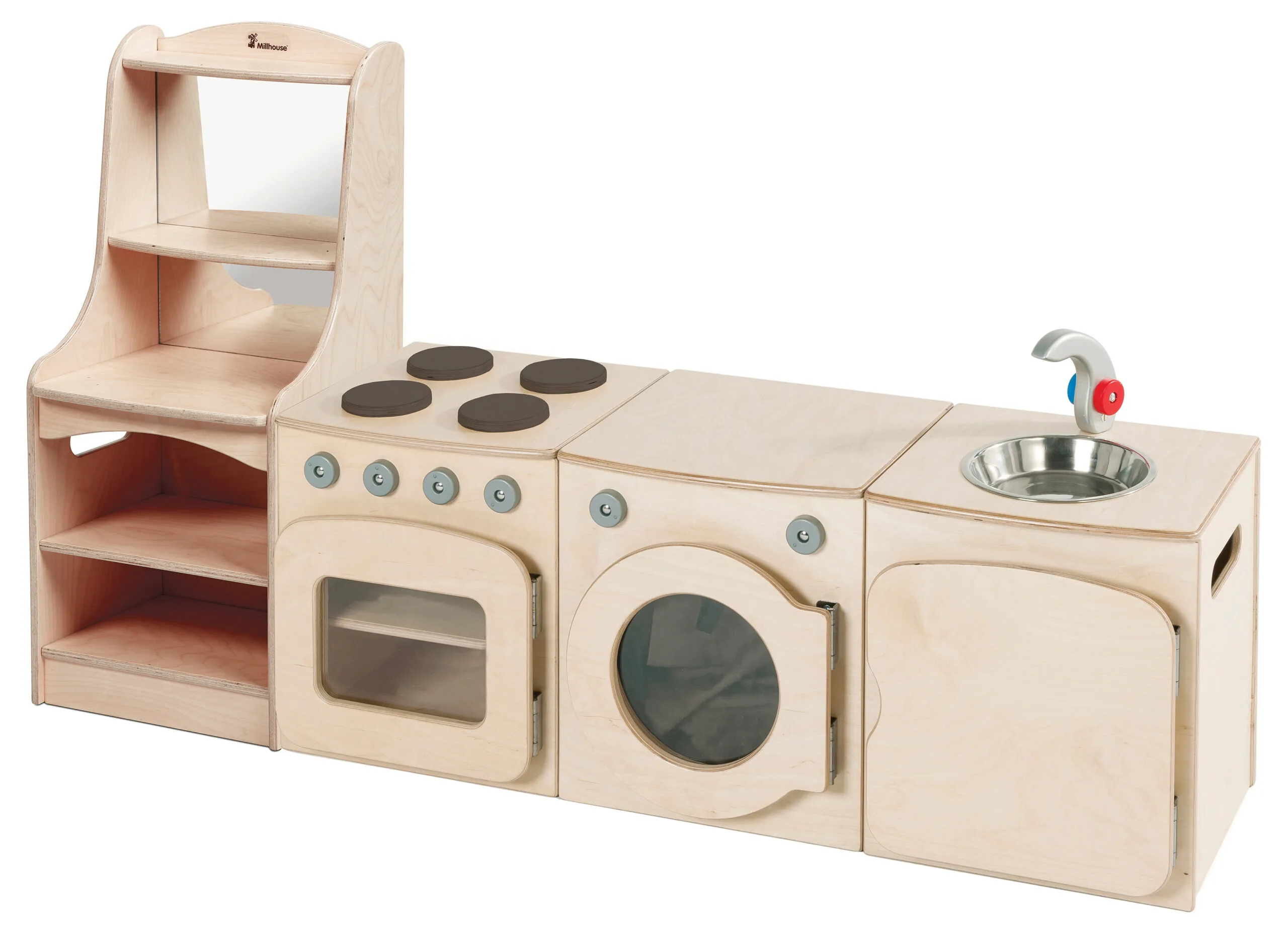 Natürliches Küchenset, 4-teilig – Herd, Spüle, Waschmaschine, Aufbewahrungsschrank (H400mm) — Millhouse Lernspielzeug Schule