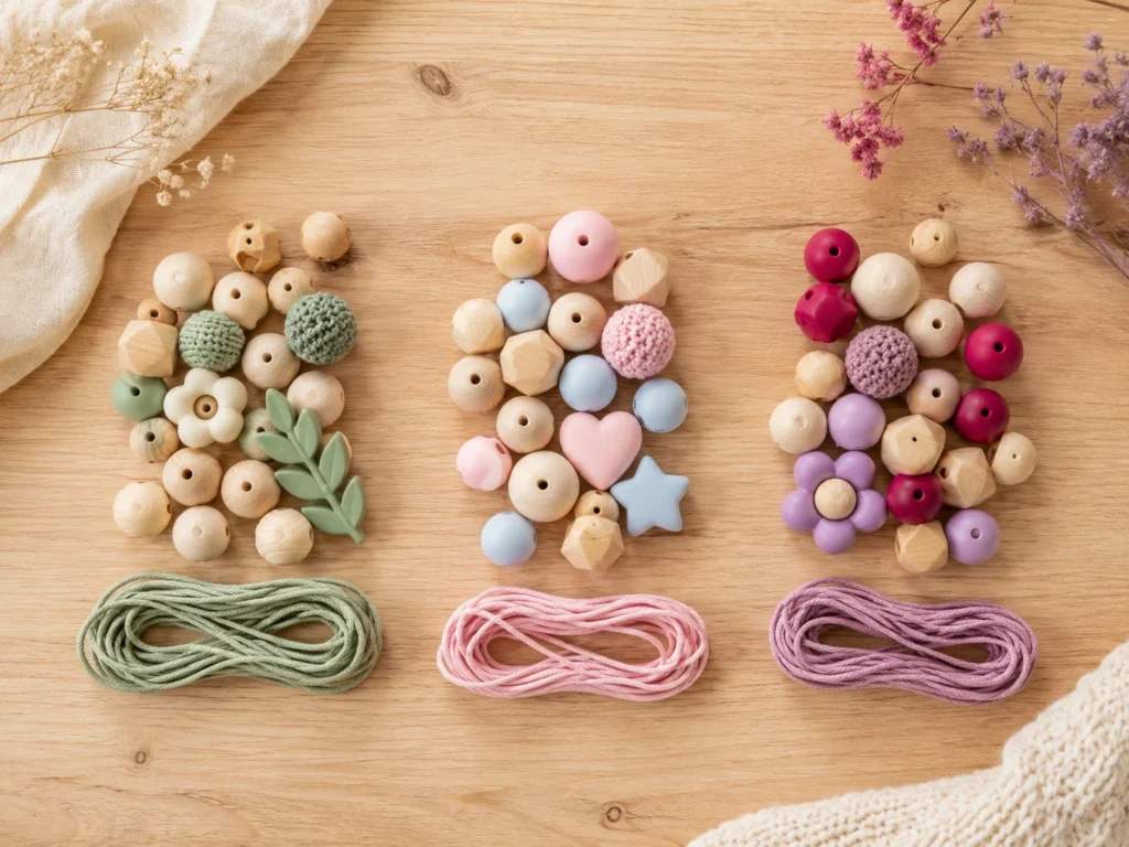 Drei Flatlays nebeneinander — Sanfte Wiese (Salbei/Creme), Pastell-Klassik (Rosa/Blau), Wildflower (Beerenrot/Lavendel).