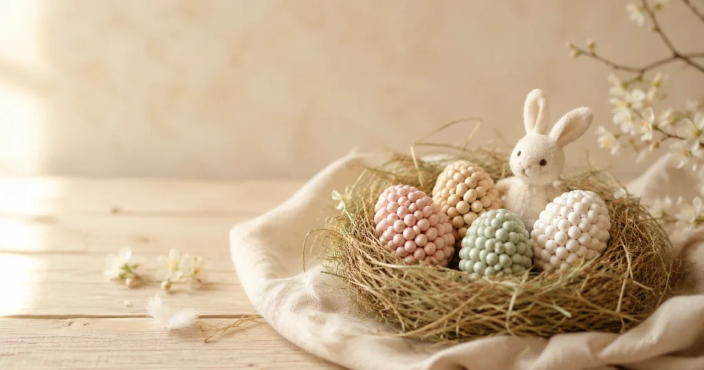 Osternest mit Trockengras, gebastelte Holzperlen-Eier in Pastelltönen, Filzhase, weiches Tageslicht.