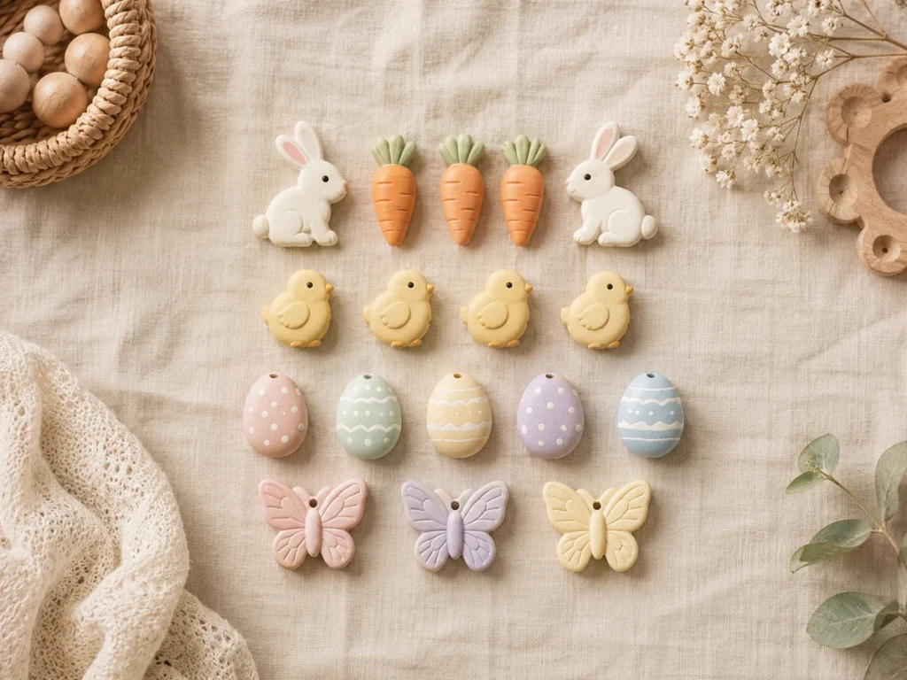Pastellfarbene Motivperlen (Hasen, Karotten, Küken, Eier, Schmetterlinge) ordentlich angeordnet auf Leinen.