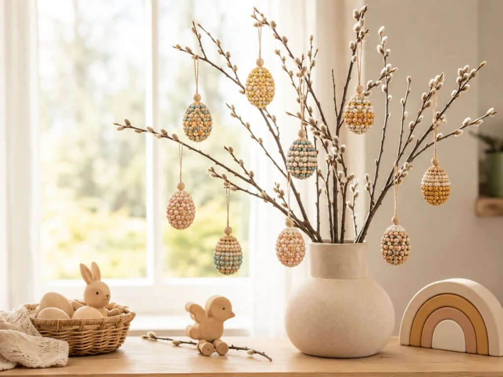 Osterstrauß mit selbstbemalten Holzperlen-Eiern behangen, Frühlingslicht durchs Fenster.