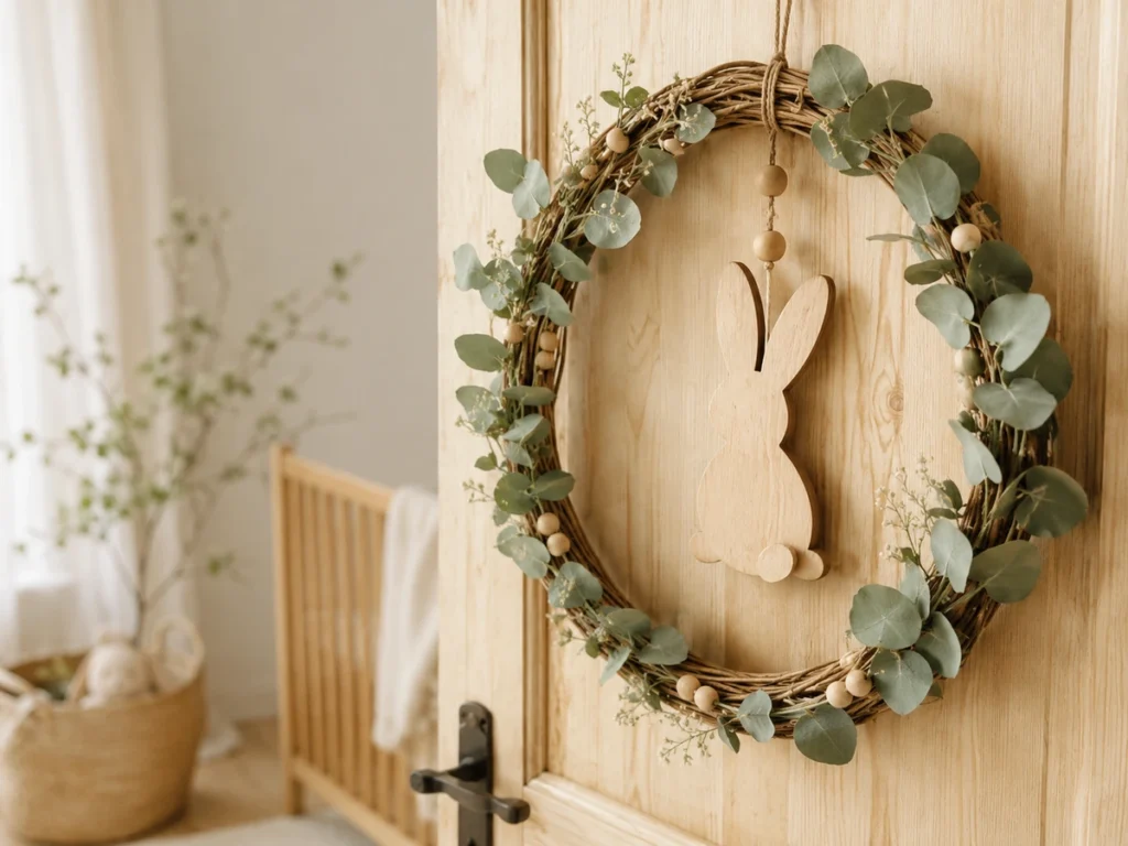 Weidenkranz mit Eukalyptus, Holzperlen-Akzenten und einem zentralen Hasen-Motiv an einer Tür.