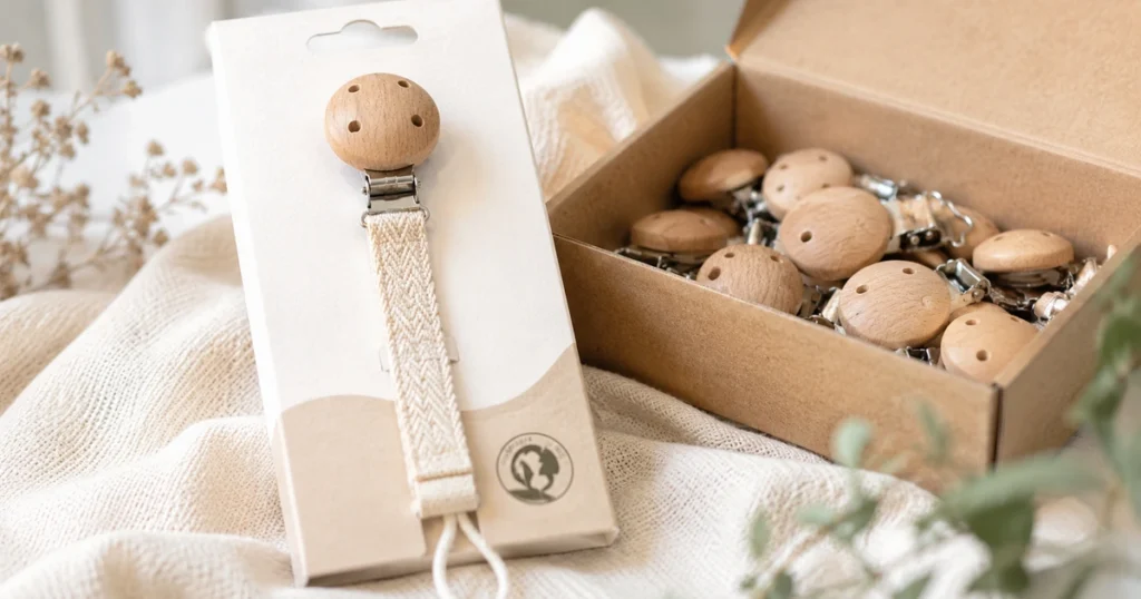 Detail-Aufnahme einer Schnullerclip-Verpackung mit deutlich sichtbarem PEFC-Logo und Zertifikatsnummer. Daneben eine geöffnete Karton-Box mit Holzclips.