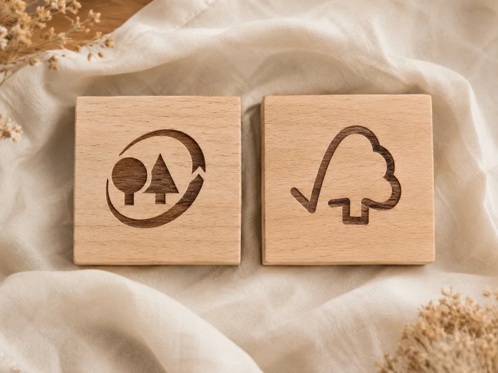 Saubere Vergleichsdarstellung: Zwei Holzplaketten nebeneinander auf Leinen, eine mit PEFC-, eine mit FSC-Symbol. Klare Komposition ohne Text.