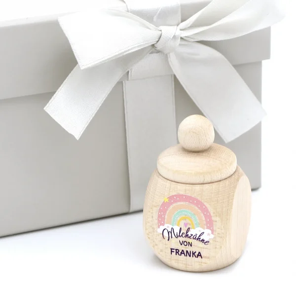 Personalisierte Milchzahndose Regenbogen rosa mit Wunschnamen — Kiki-Ena Bastelmaterial Naturholz