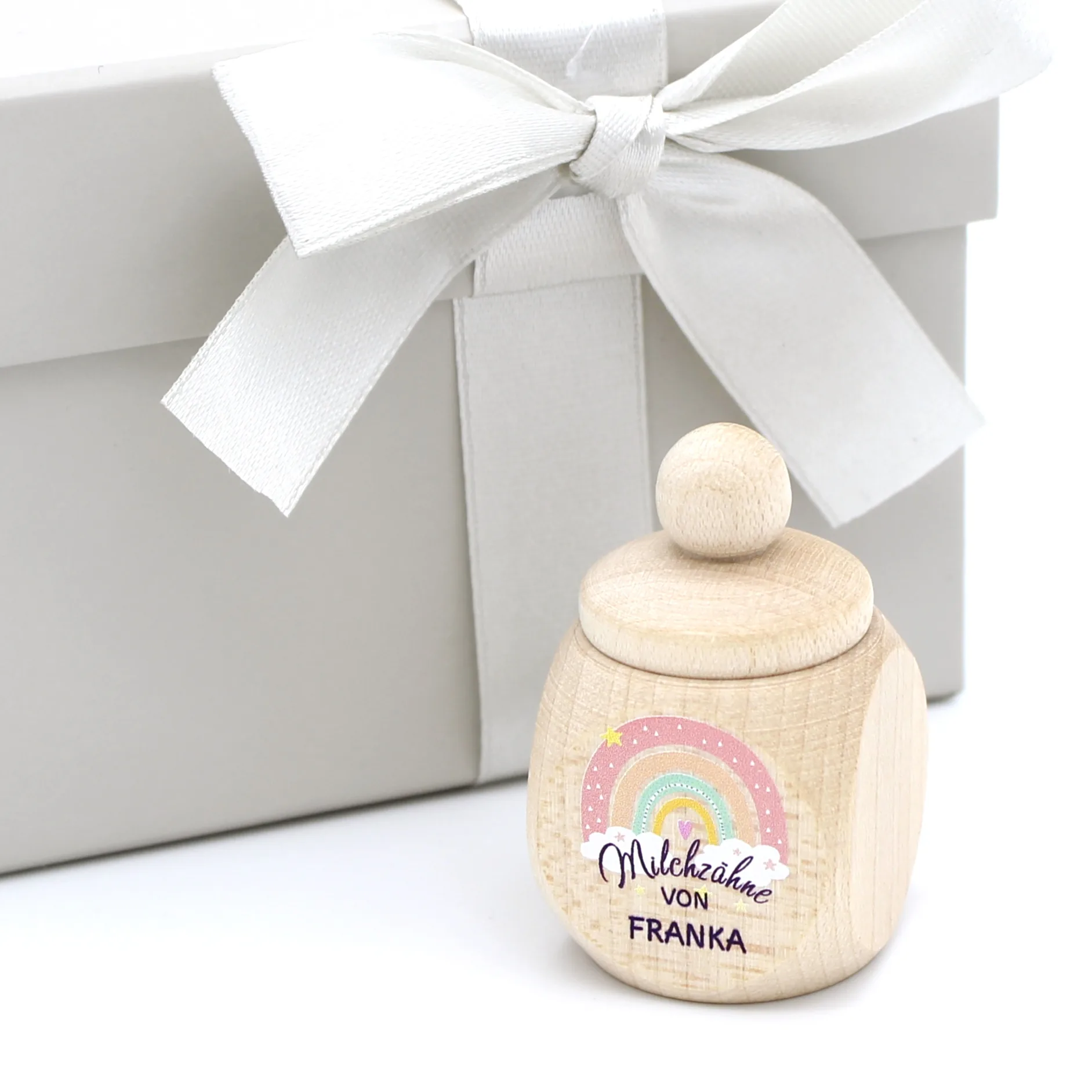 Personalisierte Milchzahndose Regenbogen rosa mit Wunschnamen — Kiki-Ena Bastelmaterial Naturholz