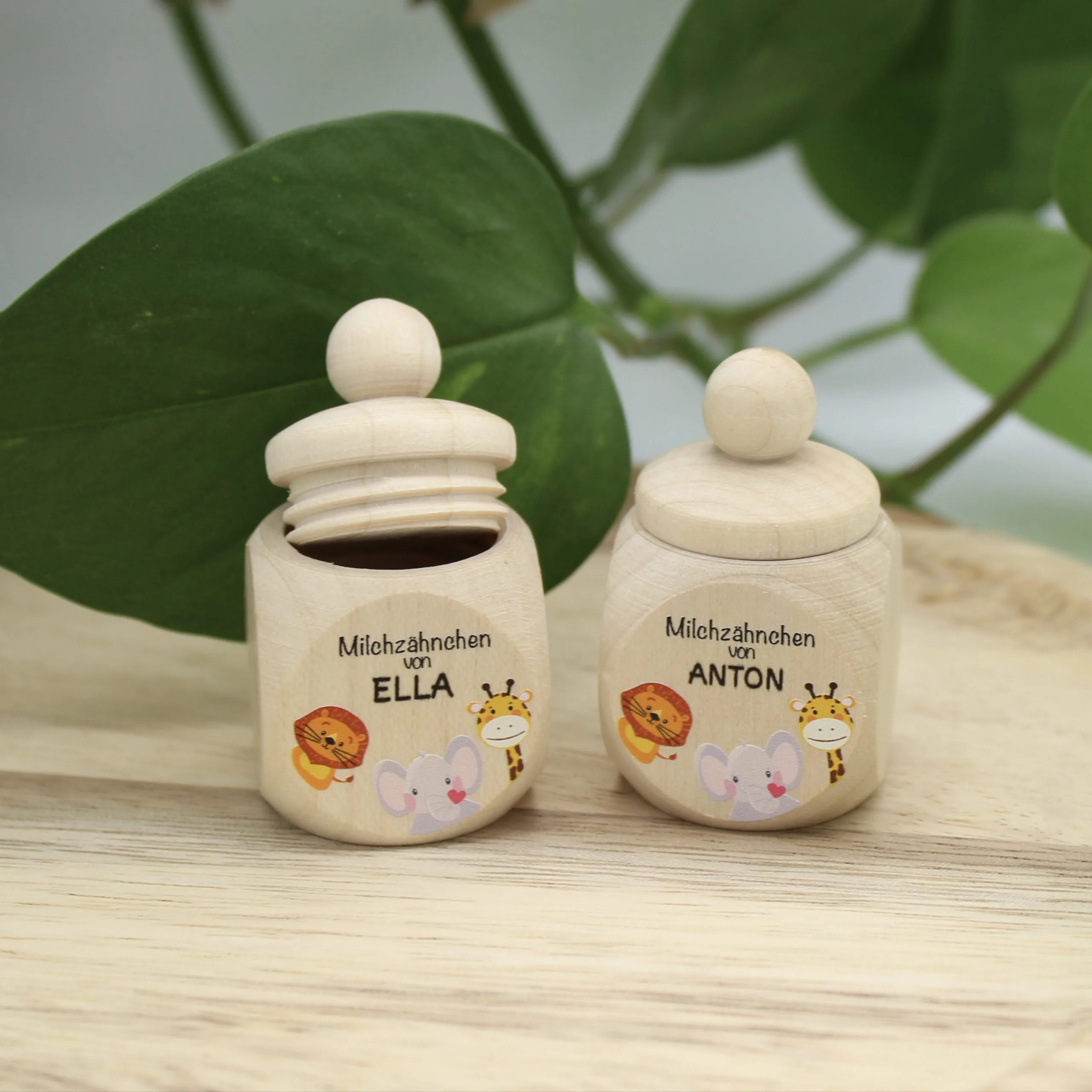 Personalisierte Milchzahndose Safari mit Wunschnamen — Kiki-Ena Bastelmaterial Naturholz