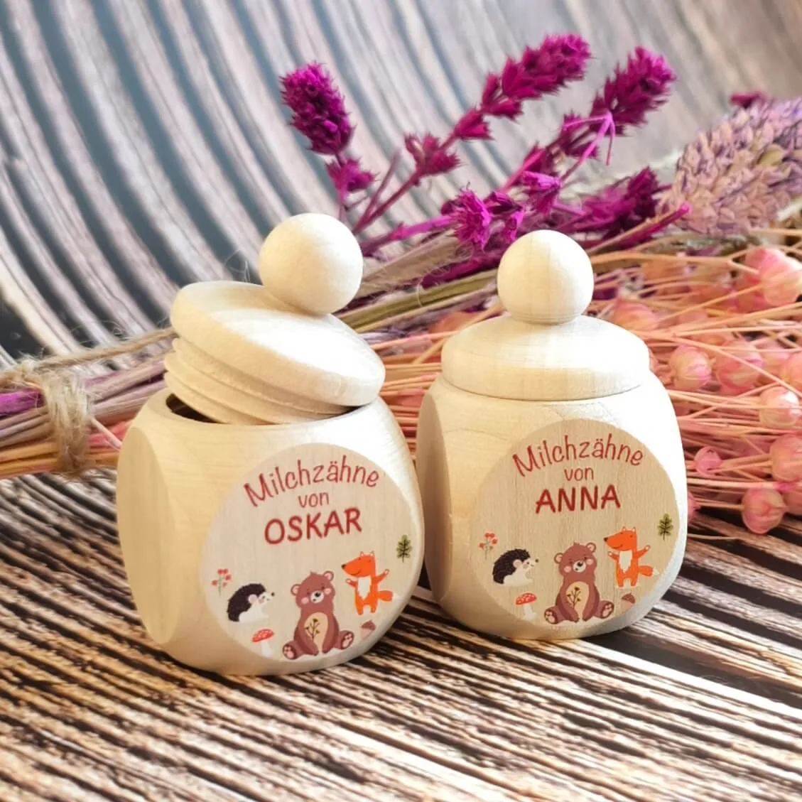 Personalisierte Milchzahndose Waldtiere mit Wunschnamen — Kiki-Ena Bastelmaterial Naturholz