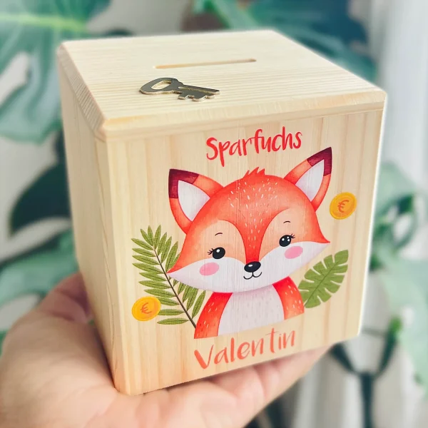 Personalisierte Spardose "Sparfuchs" — Kiki-Ena Bastelmaterial Naturholz