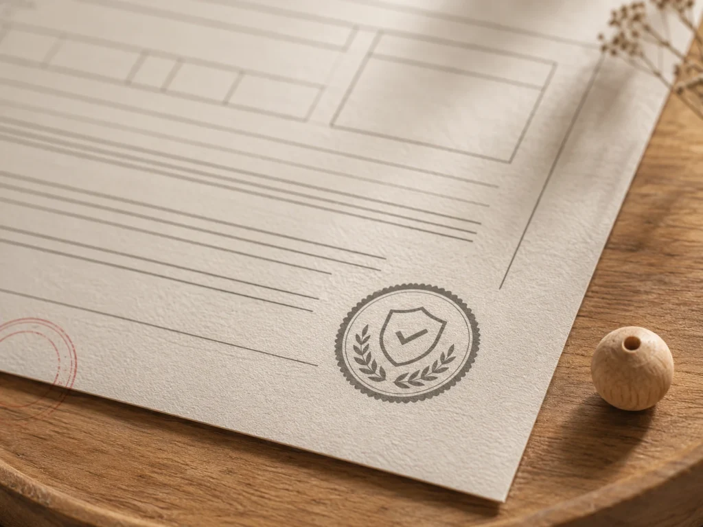 Detailaufnahme eines deutschen DIN-EN-71-1-Prüfberichts (Mock-up) mit deutlich sichtbaren Punkten als Vertrauenssignal. Papier-Detail, Stempel, kleine Holzperle daneben.