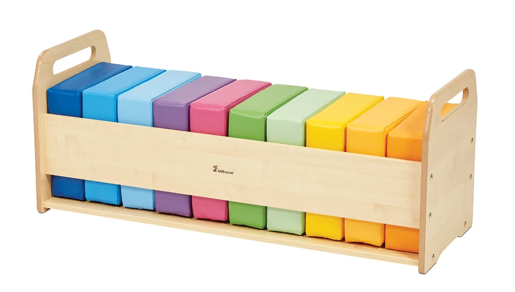 Regenbogenfarbenes Kissen-Set und Aufbewahrungseinheit — Millhouse Lernspielzeug Schule