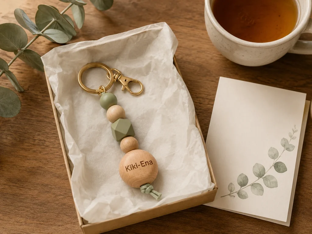 Anhänger in Seidenpapier mit handgeschriebener Karte, daneben eine Tasse Tee. Geschenkidee-Stimmung.