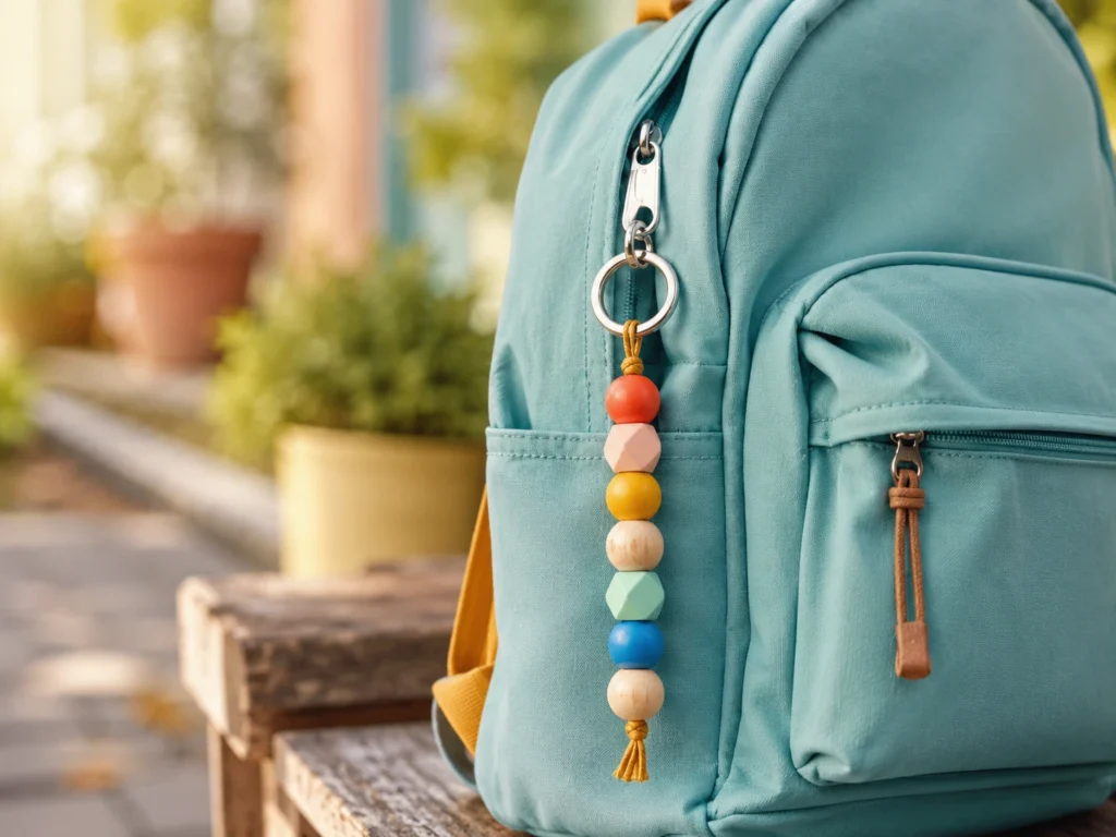Bunter Anhänger an einem Kinder-Schulranzen, draußen, leicht verschwommener Hintergrund.