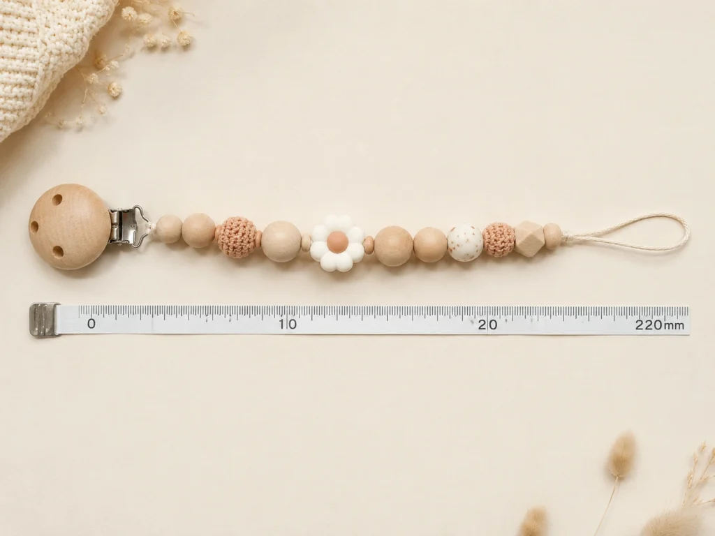 Die fertige Kette neben einem Maßband, klar die 220 mm zeigend. Sicherheits-Visualisierung.