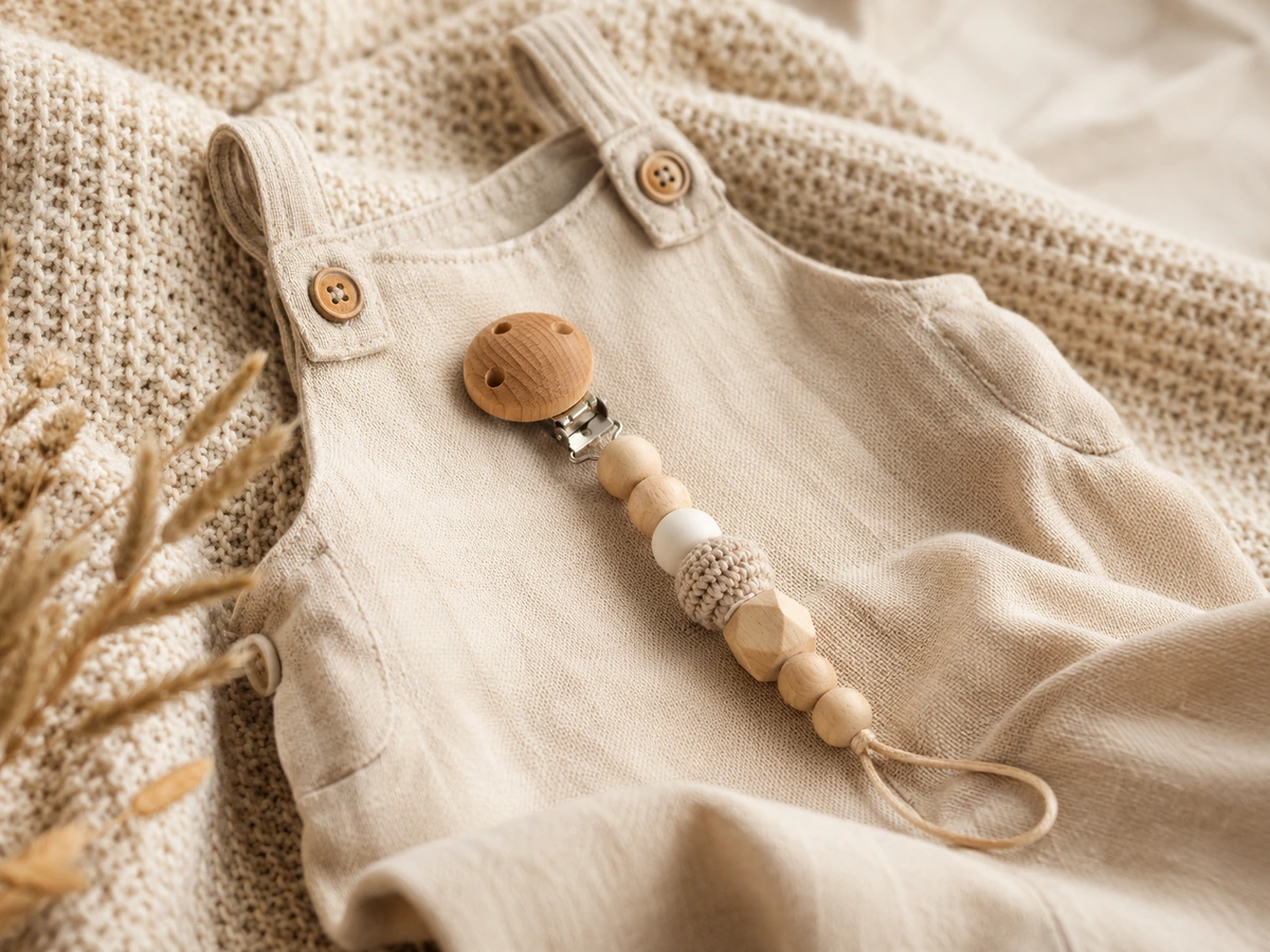 Fertige Schnullerkette mit Holzclip am Babystrampler — Kiki-Ena handgemacht