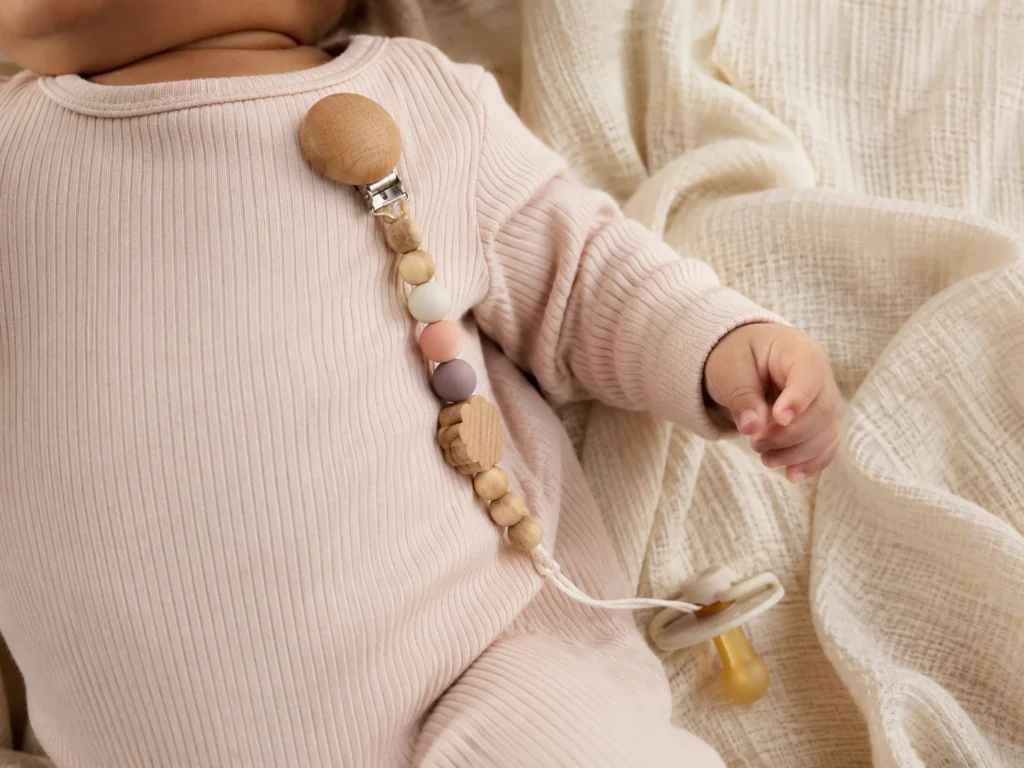 Ein Baby in pastellfarbenem Strampler trägt die Kette am Body-Clip. Gesicht angeschnitten, Fokus auf die Kette und kleine Babyhand.