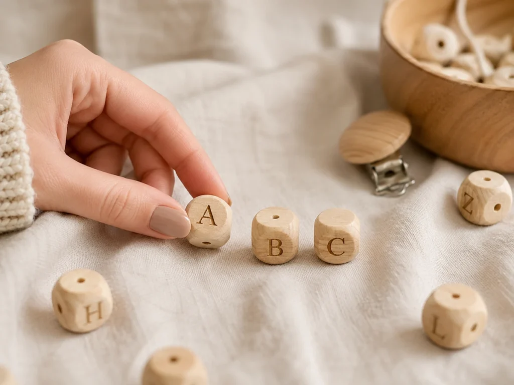 Macro auf Buchstabenperlen die einen Namen bilden (generische Buchstaben A-B-C), Frauenhand sortiert sie auf creme Leinen. Personalisierungs-Moment.