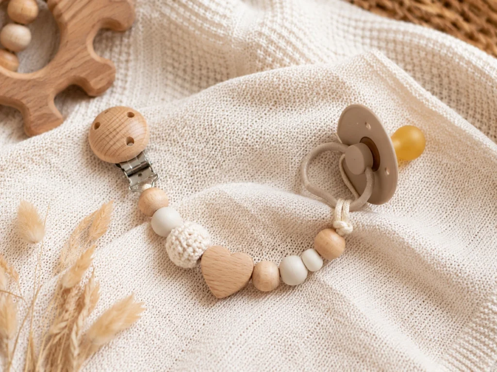 Komplette Schnullerkette mit eingehaengtem Schnuller (NUK/MAM-Style, generisch) auf Strick-Babydecke arrangiert. Fertiges Produkt zeigt finale Verwendung. Top-Down.