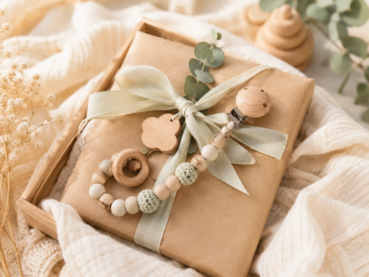 Schnullerkette in Kraftpapier-Geschenkverpackung mit Eukalyptus — Kiki-Ena Babygeschenk
