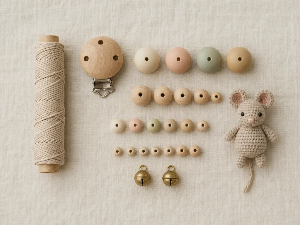 Flatlay aller Materialien: Schnur-Rolle, Clip, Perlen sortiert nach Größe, zwei Glöckchen, eine Häkelmaus. Zentriert, sortiert, fast museal.