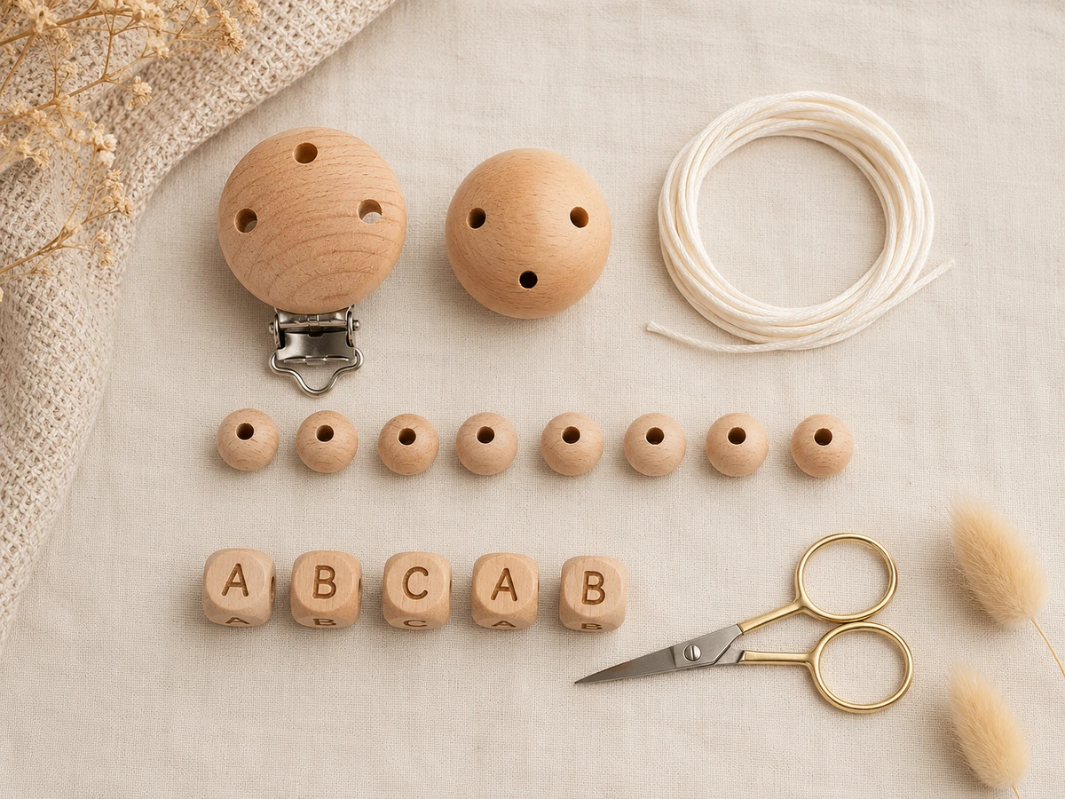 Bastel-Material für Schnullerkette: Holzclip, Sicherheitsperle, Holzperlen, Buchstabenperlen, Polyesterschnur — Kiki-Ena
