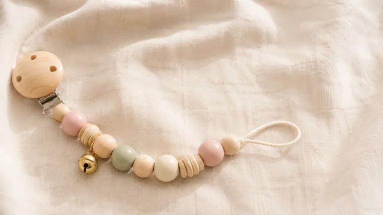 Eine fertige Schnullerkette mit Glöckchen liegt auf einem hellen Leinentuch, dezent gestyltes Naturlicht. Pastell-Holzperlen, ein kleines Messing-Glöckchen, Sicherheitsperle sichtbar. Warm, ruhig.