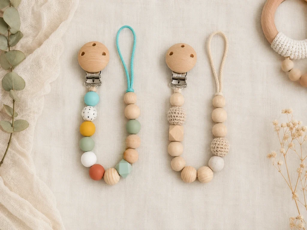 Vergleich zweier fertiger Schnullerketten: Links moderne, farbenfrohe Version mit Polyester-Schnur, rechts naturbeige Boho-Version mit Baumwollkordel. Beide mit Holzperlen.