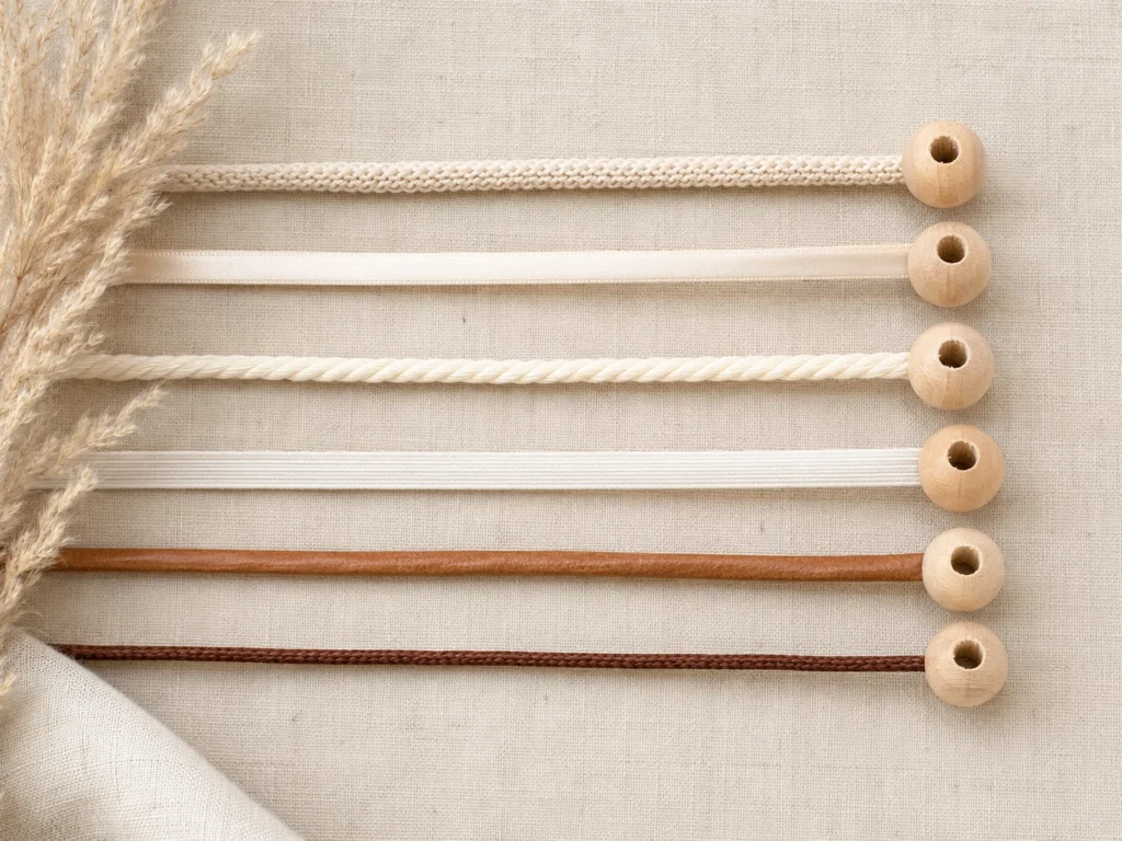 Übersichtsbild: Sechs verschiedene Schnüre (Polyester, Satin, Baumwolle, Gummi, Leder) liegen parallel, daneben jeweils die passende Holzperle in Originalgröße.