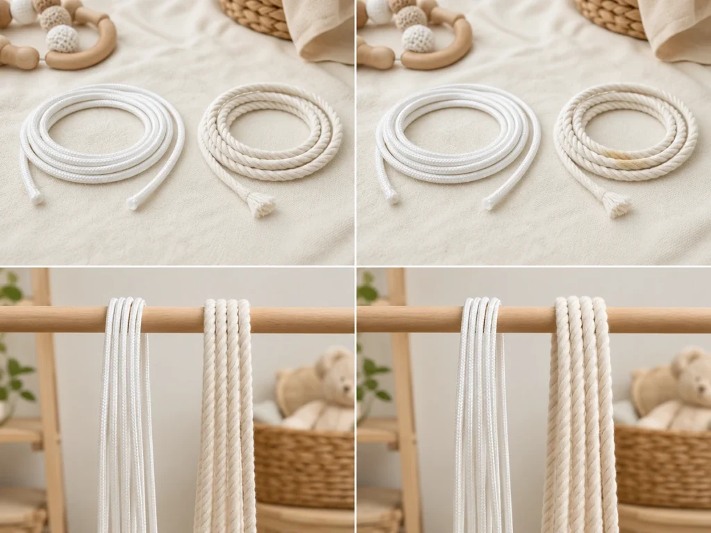 Vier-Bilder-Grid: Polyester nach Banane gewaschen (sauber), Baumwolle nach Banane gewaschen (leichter Fleck), Polyester nach Trocknen (Form gleich), Baumwolle nach Trocknen (leicht gequollen).