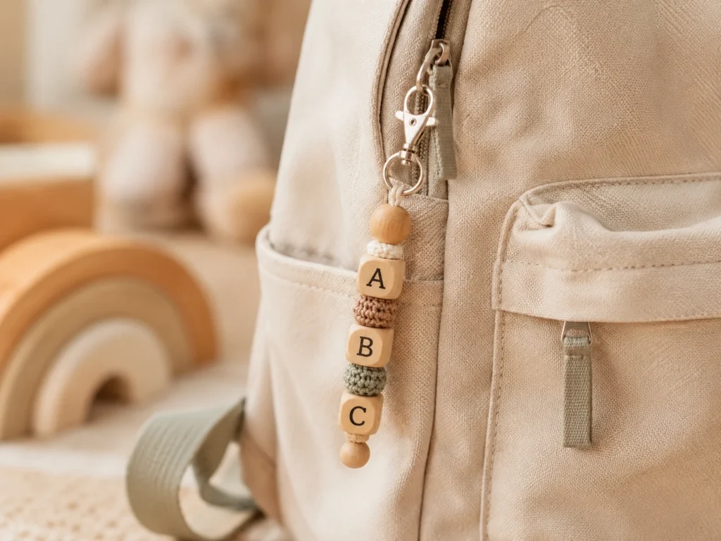 Selbstgebastelter Schlüsselanhänger mit Holzbuchstabenperlen "EMIL" an einem Schulranzen, klares Detail.