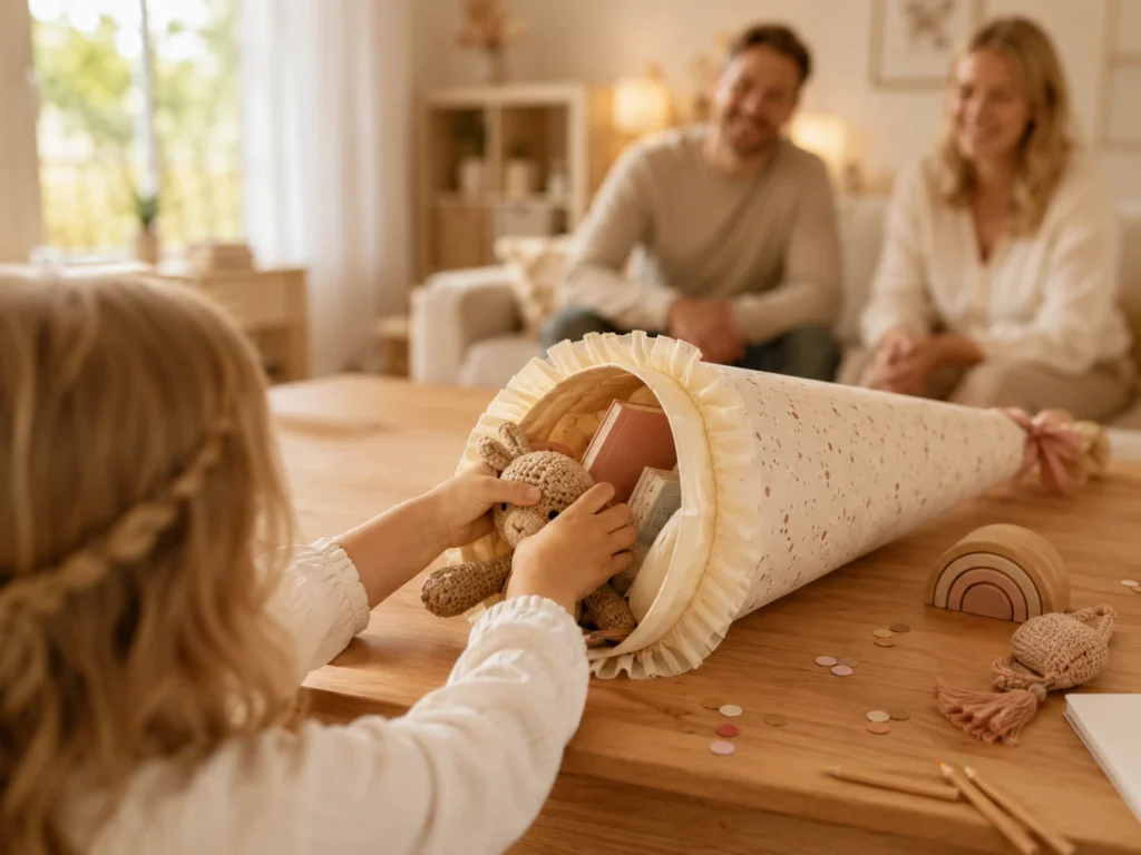 Kind packt am Wohnzimmertisch die Tüte aus (Hände, Hinterkopf), Eltern im Hintergrund unscharf.