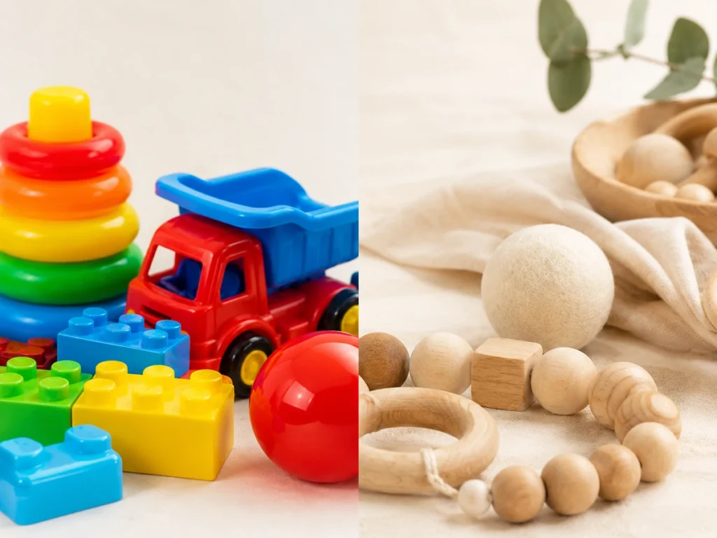 Halbierte Aufnahme — links Plastikspielzeug, rechts Holzperlen und Wollkugel. Klarer Material-Kontrast.