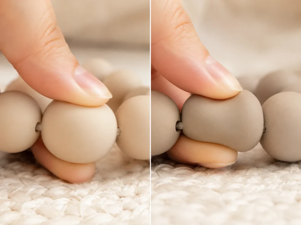 Hand drückt eine Silikonperle zusammen. Zwei Bildhälften: Links Food-Grade-Silikon springt sofort zurück, rechts Standard-Silikon mit sichtbarer Verformung.