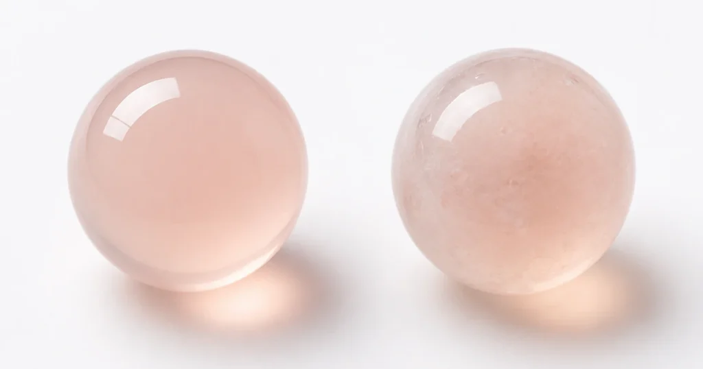 Wissenschaftliche Darstellung: Zwei Silikonperlen nebeneinander, links Platinum-Cured-Silikon (klar, gleichmäßig), rechts Peroxid-vernetztes Silikon (leicht trübe). Studio-Licht, weißer Hintergrund.