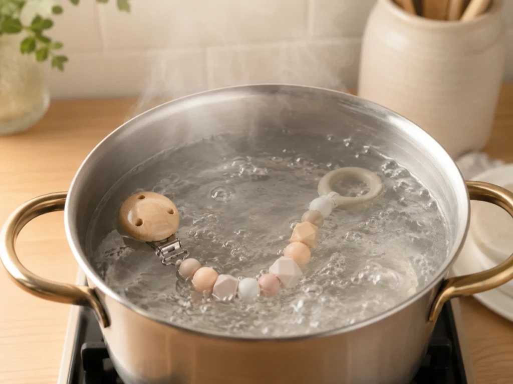 Schnullerkette aus Silikon liegt in einem Topf mit kochendem Wasser. Wasserdampf, helle Küche, Silikonperlen in Pastelltönen sichtbar.