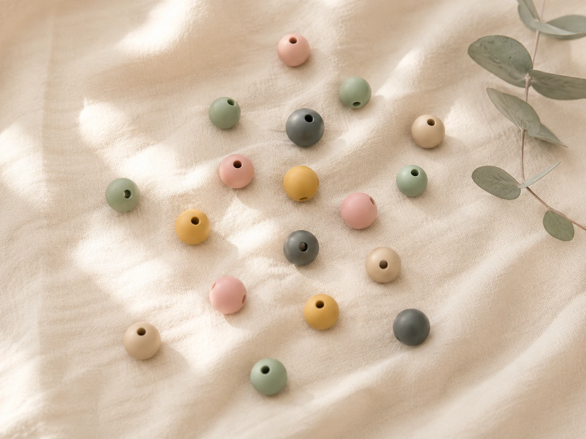 Lebensmittelechte Silikonperlen in Pastellfarben Flatlay sage rosa beige — Kiki-Ena