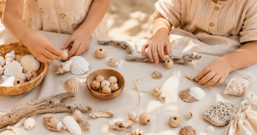 Strandtisch mit Muscheln, Treibholz, Holzperlen, Kinderhände sortieren. Sonniges Licht, Sandfarbe.