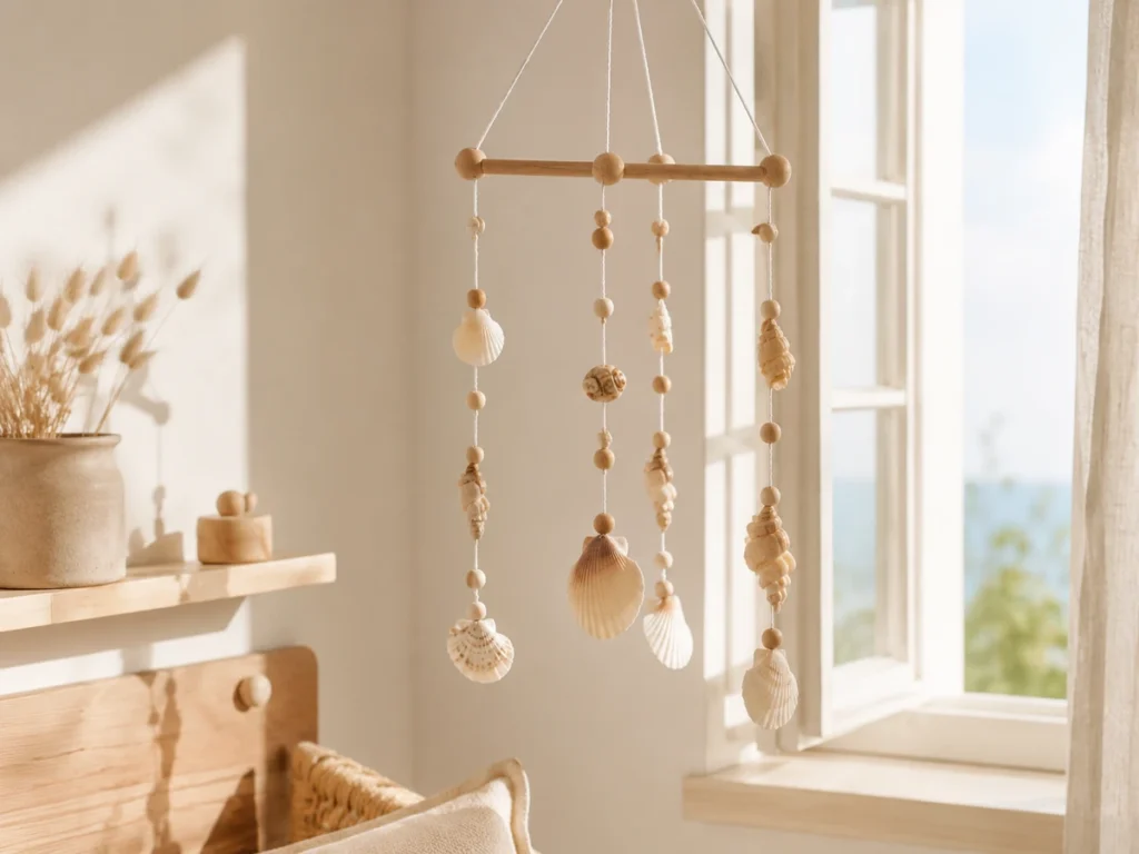 Fertiges Mobile aus Muscheln und Holzperlen hängt vor offenem Fenster, leichter Wind, Schatten an der Wand.