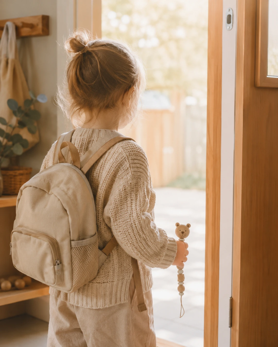 Kind mit Rucksack hält Sorgenwurm beim Kindergarten-Abschied — Kiki-Ena Glücksbringer