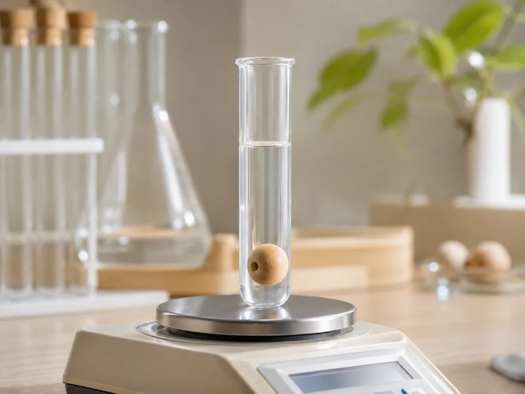 Reagenzglas auf Laborwaage mit künstlichem Speichel und einer Holzperle darin. Wissenschaftliche Inszenierung, kühle Beleuchtung.
