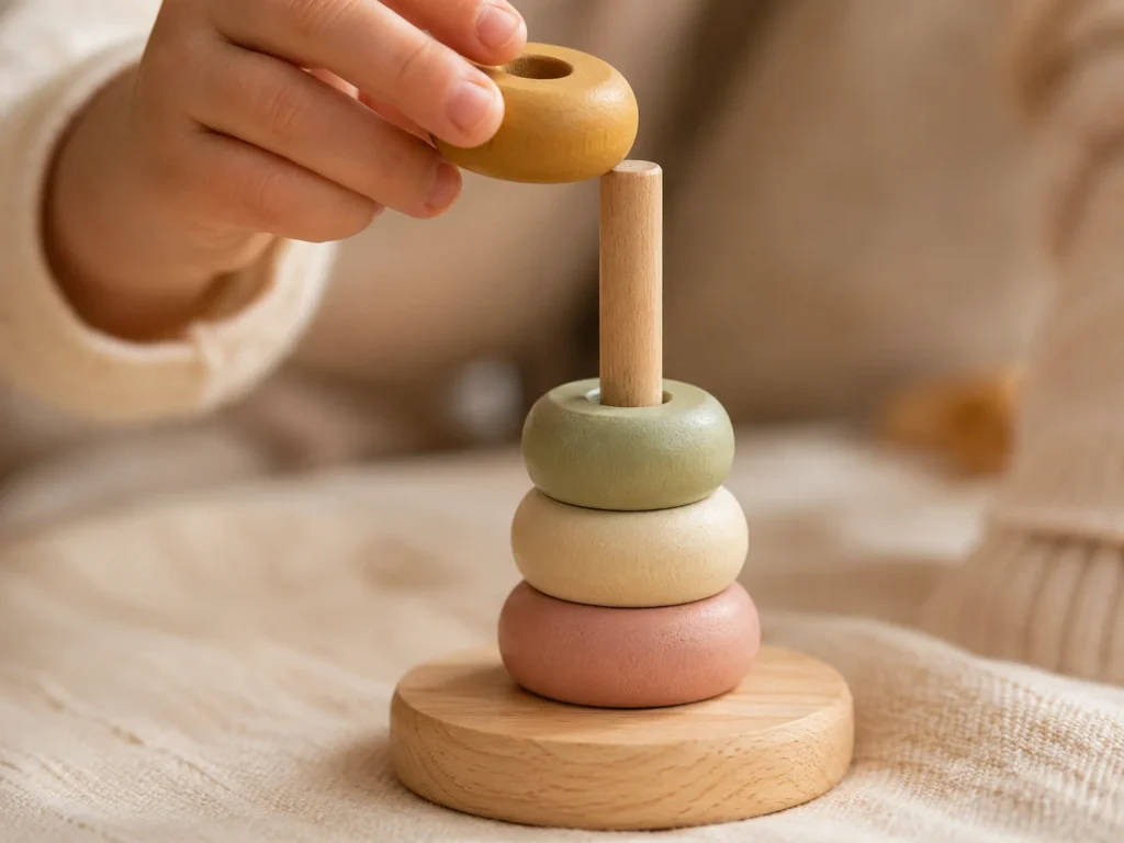 Holzstab mit drei aufgesteckten Holzperlen, Kinderhand nähert sich mit weiterer Perle.