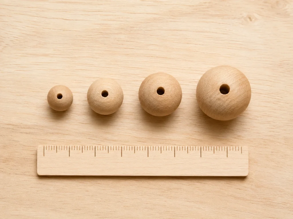 Vier Holzperlen nebeneinander (15 mm, 20 mm, 25 mm, 30 mm) auf Holzbrett mit Maßstab.