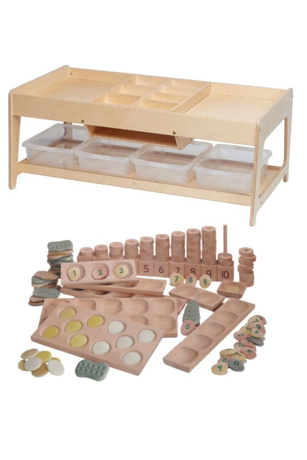 Spieltisch für Forscher und 4 durchsichtige Behälter + PT1145 Indoor-Mathe-Set — Millhouse Lernspielzeug Schule