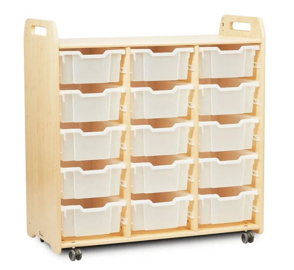 Tablettaufbewahrungseinheit (3 Spalten, 1080 mm Höhe) mit 15 tiefen Tabletts — Millhouse Lernspielzeug Schule